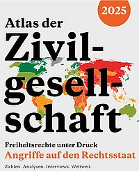 Illustration einer Weltkarte mit dem zentralen Begriff ‚Zivilgesellschaft‘ als Aufschrift