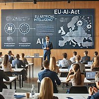 Ein Klassenraum mit Schülerinnen und Schülern, vorne steht ein Mann vor einer großen Tafel, auf der ein EU-Gesetz zur Künstlichen Intelligenz behandelt wird